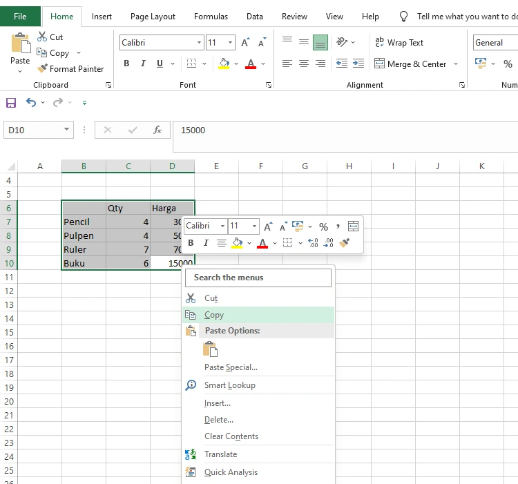Menyalin sel dengan Copy untuk dipindah ke lokasi lain di Excel