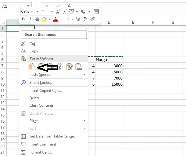 Menempelkan hasil copy ke sel A1 di Excel