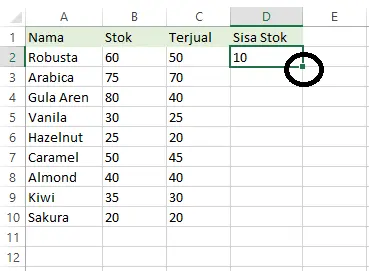 Tampilan kotak kecil di sudut sel Excel untuk fill atau auto fill