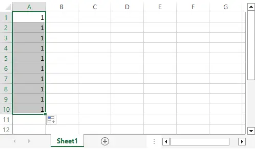 Hasil filling rentang A1:A10 seluruhnya berisi angka 1 di Excel