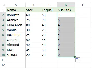 Hasil double click to fill mengisi rumus secara otomatis di rentang D2:D10 Excel