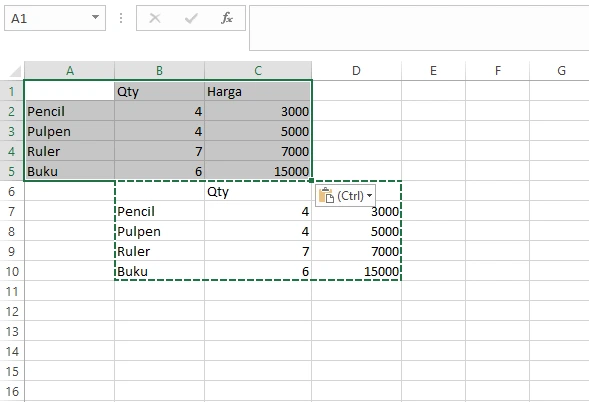 Hasil paste ke A1 setelah copy rentang di Excel