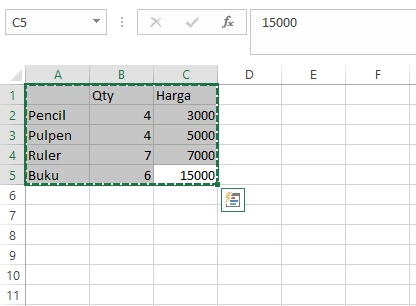 Tampilan setelah melakukan Cut pada sel yang dipilih di Excel