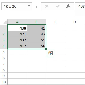 Melakukan select pada sel A1-B4 Excel untuk drag dan drop