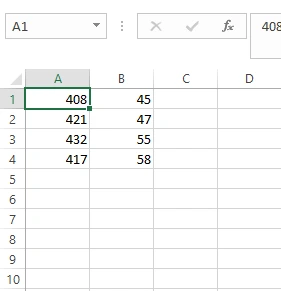 Mengisi nilai pada sel A1-A4 dan B1-B4 di Excel