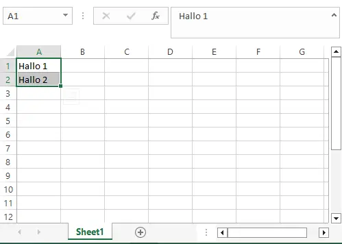 Mengisi sel A1 dengan Halo 1 dan A2 dengan Halo 2, fill hingga A10 di Excel
