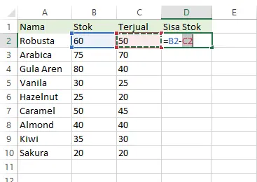 Mengisi rumus B2-C2 di sel D2 Excel