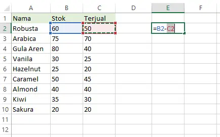 Mengosongkan sel D1-D10 dan memasukkan rumus di E2 Excel