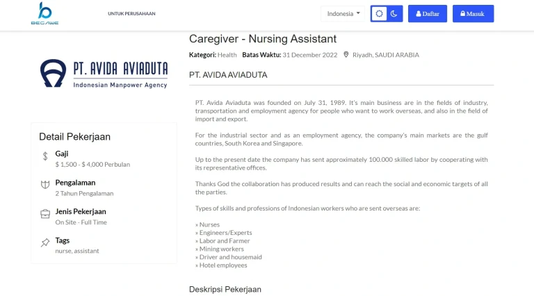 Tangkapan layar portofolio pembuatan website dan aplikasi, dengan nama project BEGAWE yang pernah dibuat oleh PT Nextgen Inovasi Indonesia