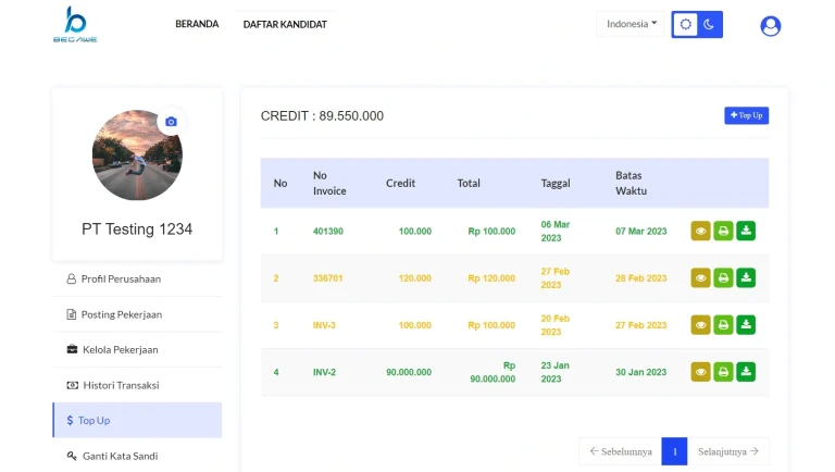 Tangkapan layar portofolio pembuatan website dan aplikasi, dengan nama project BEGAWE yang pernah dibuat oleh PT Nextgen Inovasi Indonesia