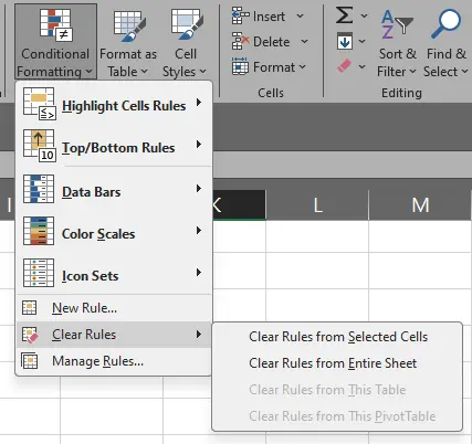 Menu Hapus Aturan (Clear Rules) pada Conditional Formatting Excel
