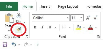 Lokasi tombol Format Painter di Ribbon Excel pada grup Clipboard