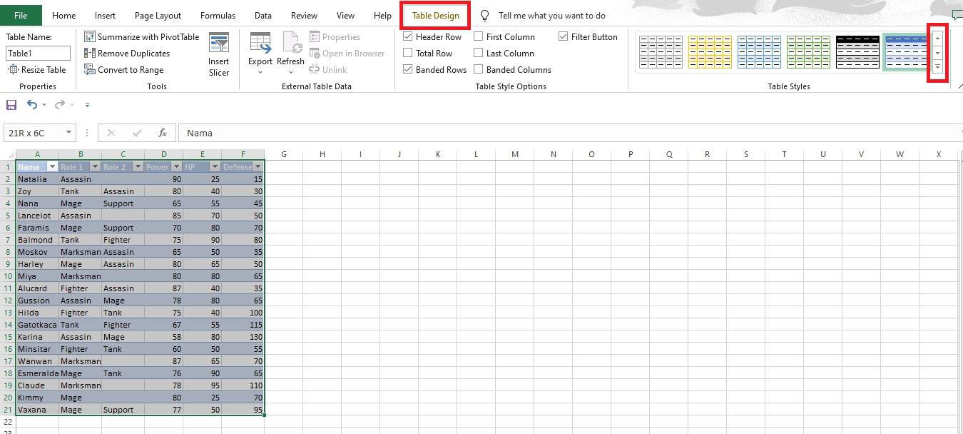 Cara memilih style tabel di Excel melalui tab Table Design dan Table Styles