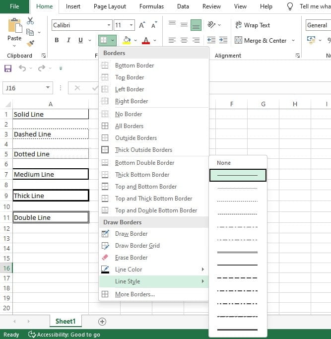 Hasil penerapan berbagai style border pada tabel di Excel