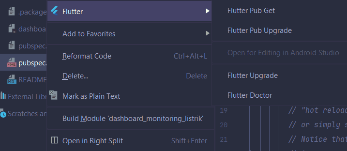 Tangkapan layar cara untuk menjalankan command flutter pada IDE