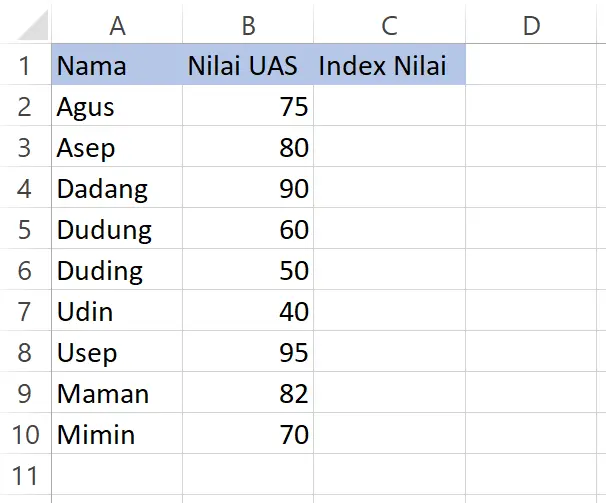 Contoh data nilai siswa untuk latihan fungsi IFS di Excel