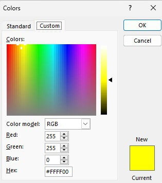 Tab custom pada opsi warna More Colors di Excel, dapat memasukkan kode HEX dan RGB