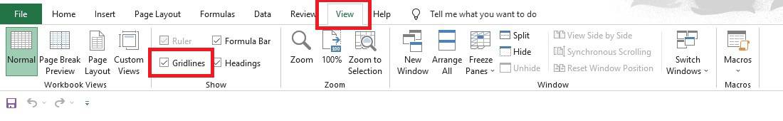 Letak menu gridlines pada toolbar Excel di tab View