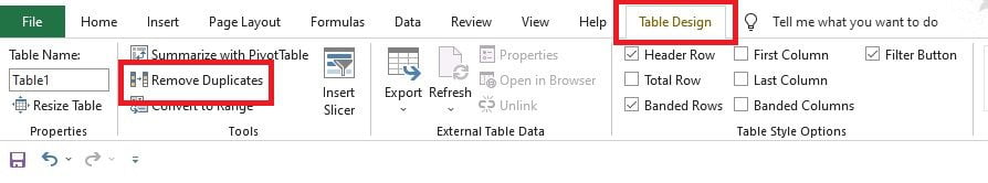 Menu Remove Duplicates di tab Table Design pada Excel