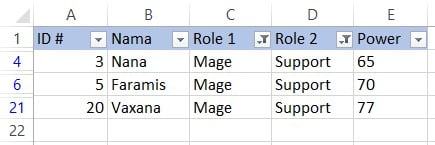Hasil filter data dengan kriteria mage dan support pada Excel