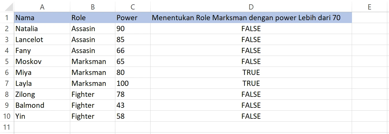 Hasil fungsi AND menentukan role Marksman dengan power lebih dari 70 di Excel
