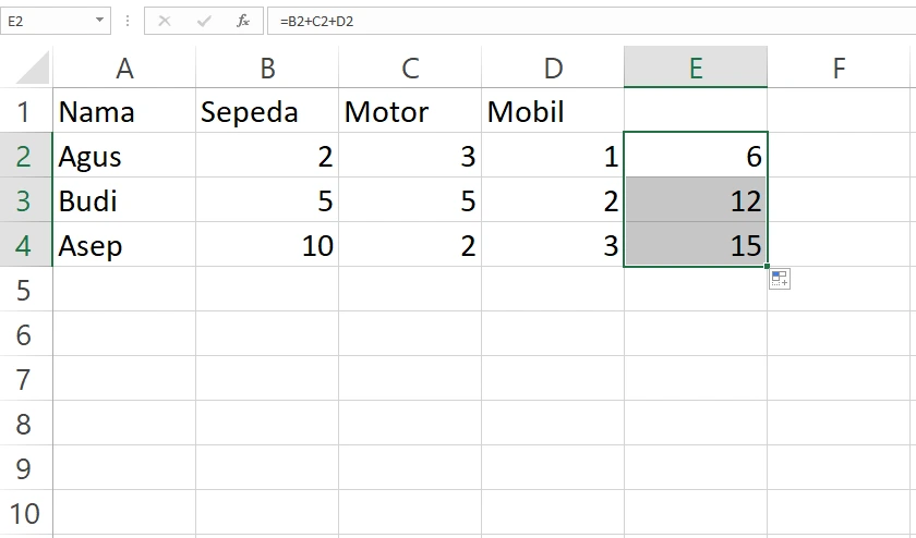 Menggunakan fungsi Fill untuk melanjutkan rumus penjumlahan di Excel