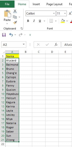 Hasil setelah mengurutkan nama dengan Sort A to Z di Excel