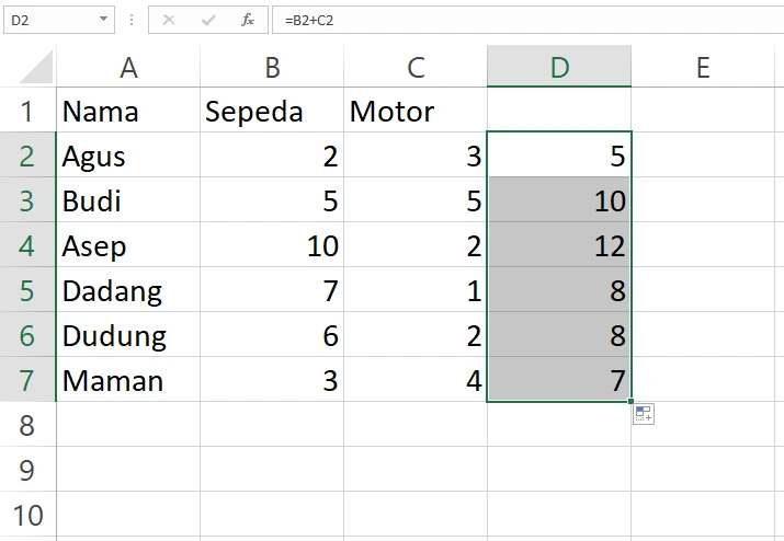 Hasil setelah fill rentang D2:D7 menggunakan referensi relative di Excel