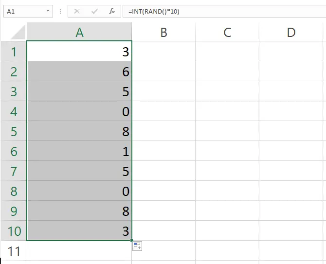 Hasil fungsi RAND pada rentang sel A1 sampai A10 di Excel