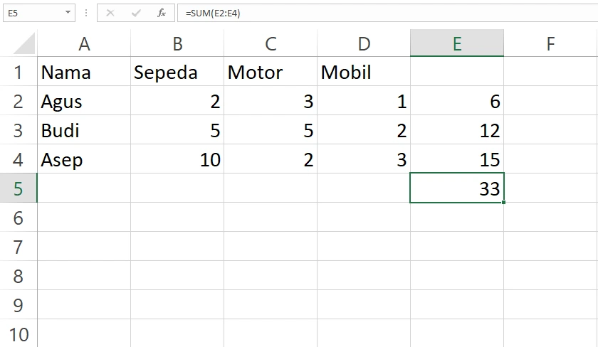 Hasil fungsi SUM pada sel E5 Excel