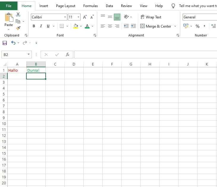 Hasil font warna hijau pada sel B1 di Excel