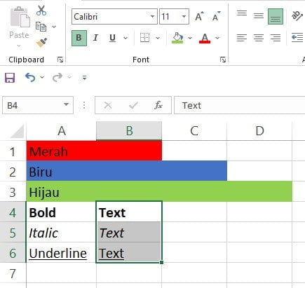 Hasil akhir Format Painter: karakteristik font dari A4:A6 telah disalin ke B4:B6 di Excel