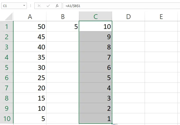 Hasil pembagian menggunakan fungsi fill pada Excel