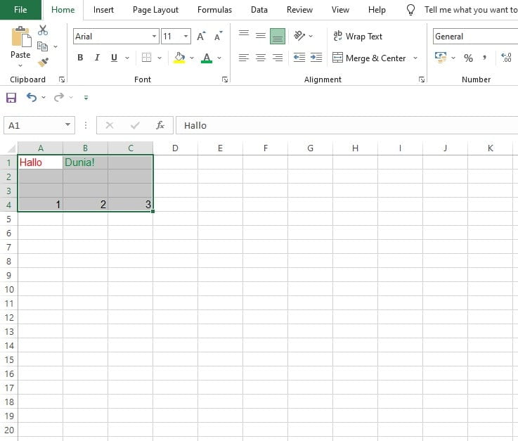 Hasil penggantian font Calibri menjadi Arial pada sel A1 sampai C4 di Excel