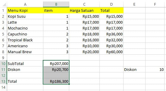 Hasil mengubah format angka di sel B10:B13 menjadi format currency di Excel
