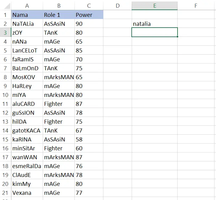 Hasil penggunaan fungsi LOWER pada sel E2 Excel