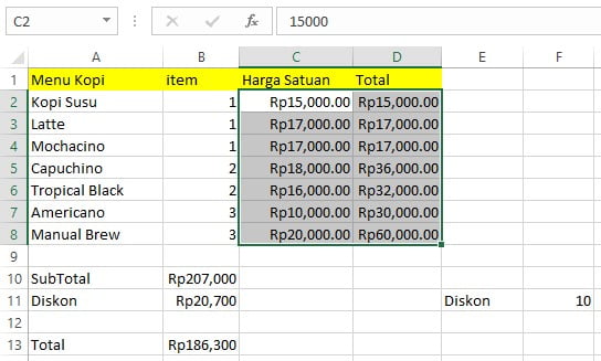 Hasil menggunakan increase decimal pada sel C2:D8 di Excel