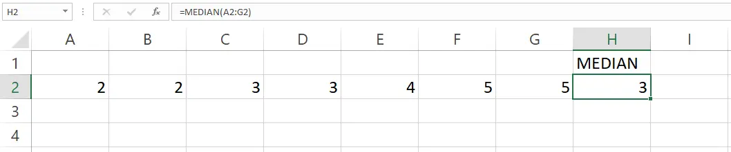 Hasil perhitungan fungsi MEDIAN pada sel H2 di Excel