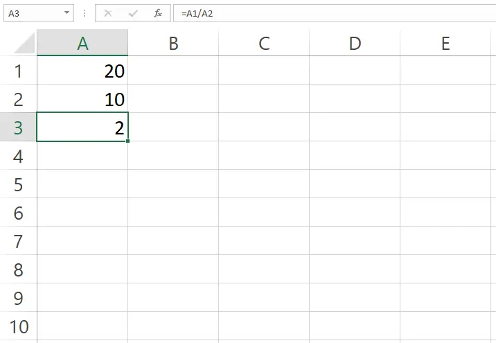 Hasil rumus pembagian sel A1 dan A2 pada sel A3 Excel