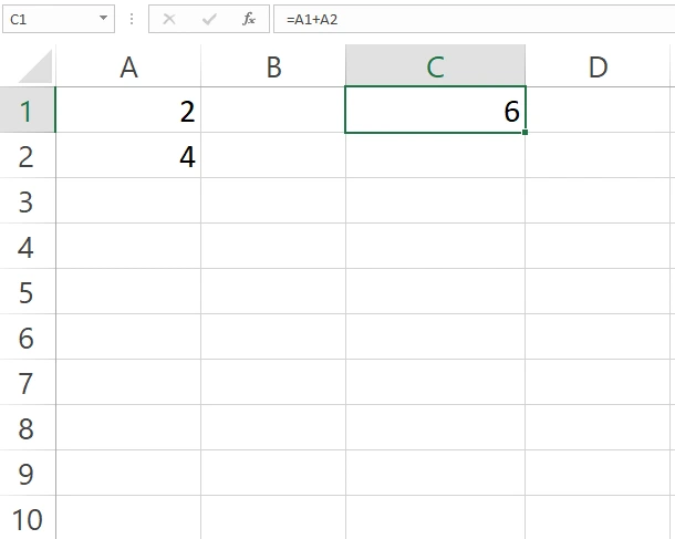 Hasil penjumlahan rumus di Excel antara A1 dan A2