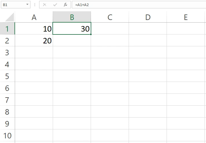 Hasil penjumlahan sel A1 dan A2 pada sel B1 Excel