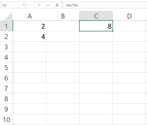 Hasil dari rumus perkalian Excel antara A1 dan A2