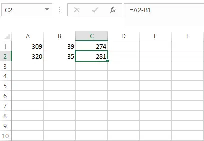 Hasil rumus =A2-B1 pada sel C2 Excel