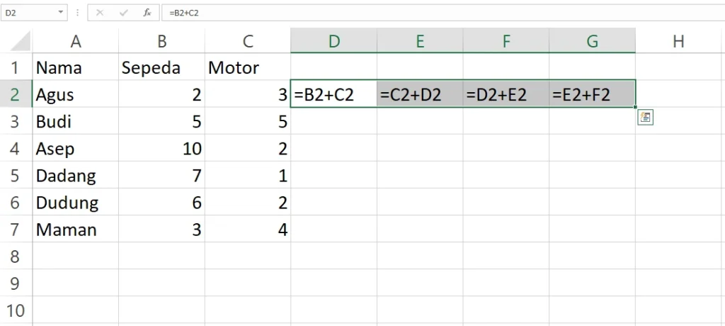 Contoh hasil rumus tidak sesuai setelah menggunakan fill horizontal di Excel