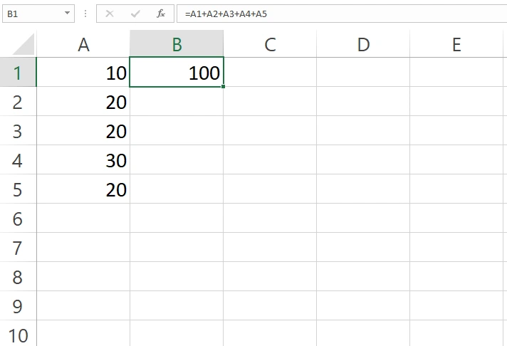 Hasil rumus penjumlahan beberapa sel di Excel