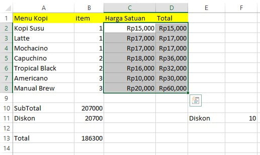 Hasil format currency pada Excel setelah memilih format angka mata uang