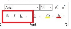 Ikon pengaturan karakteristik font bold, italic, underline, dan strike-through di toolbar Excel
