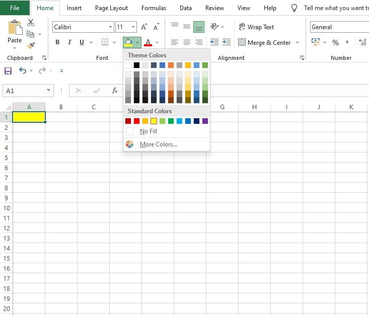 Klik ikon panah bawah untuk memilih variasi warna Fill Color di Excel