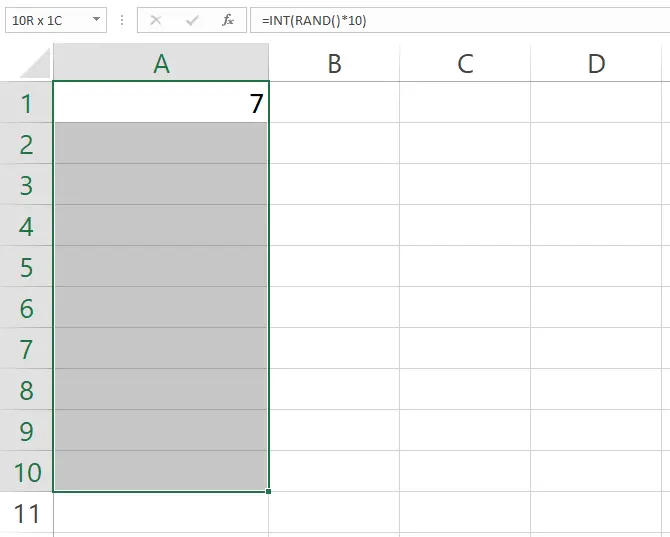 Drag sudut kanan bawah sel untuk menghasilkan angka acak lebih banyak di Excel