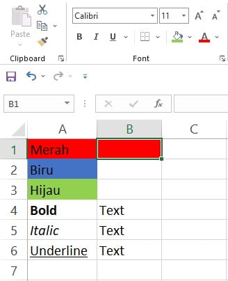 Menyalin format sel dari A1 ke B1 menggunakan Format Painter Excel